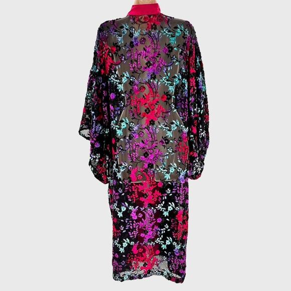 Kimono Women XL Multicolored Floral Sheer Witchy Goth Beaded Dark Moody Duster - Picture 3 of 5